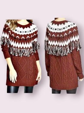 NWT Glamorous Fair Isle Tunic Sweater Fringes Cable Knit Burgundy Size Small